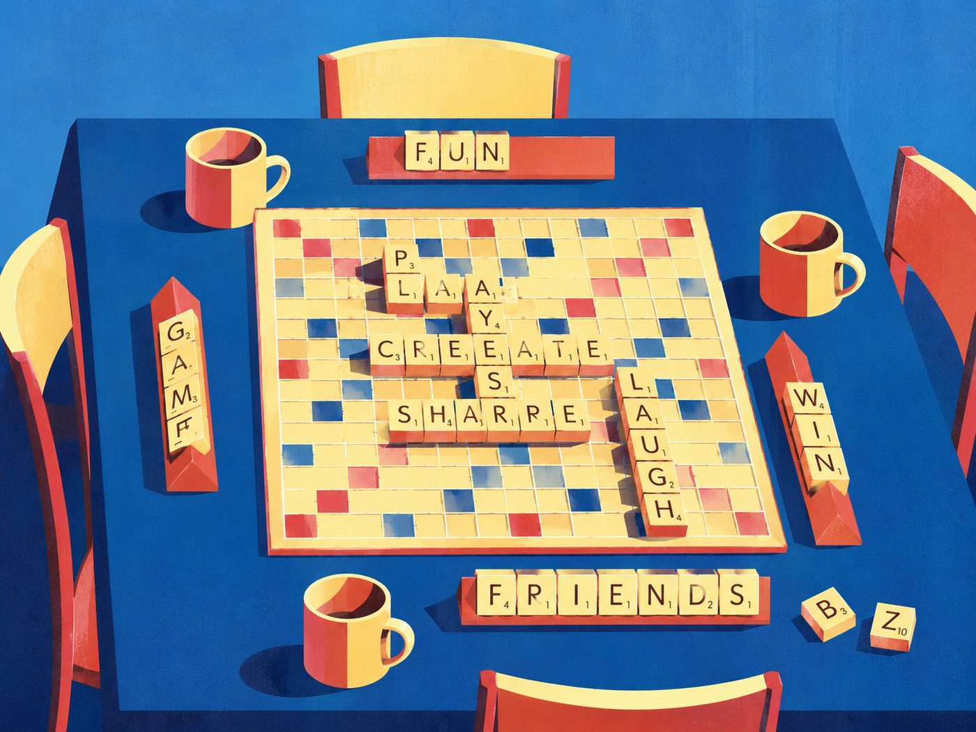 Plateau de Scrabble illustré vu de dessus, mots PLAY CREATE SHARE LAUGH
