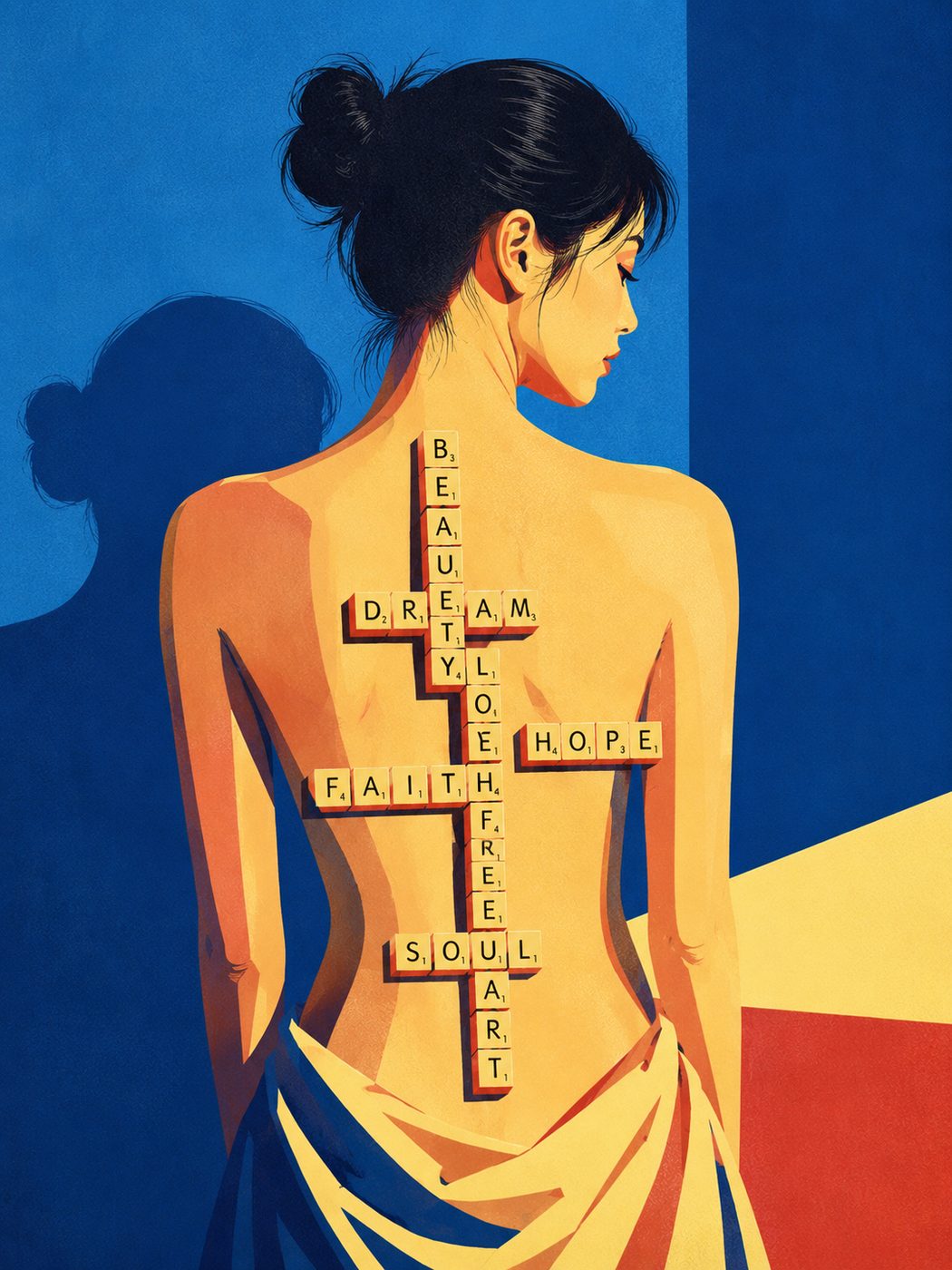 Silhouette avec des mots en tuiles : beauty, hope, faith