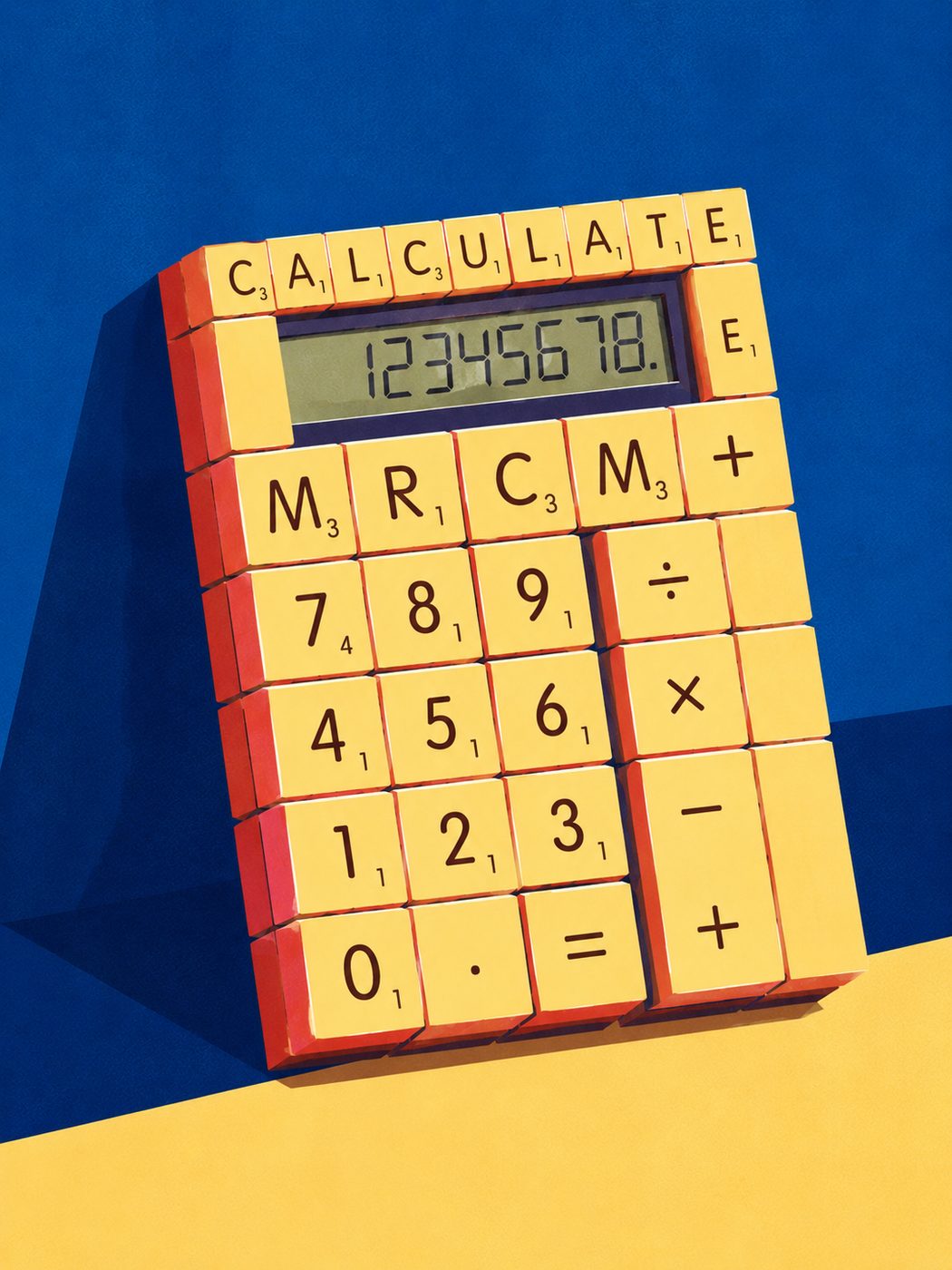 Calculatrice illustrée en tuiles de Scrabble formant le mot CALCULATE