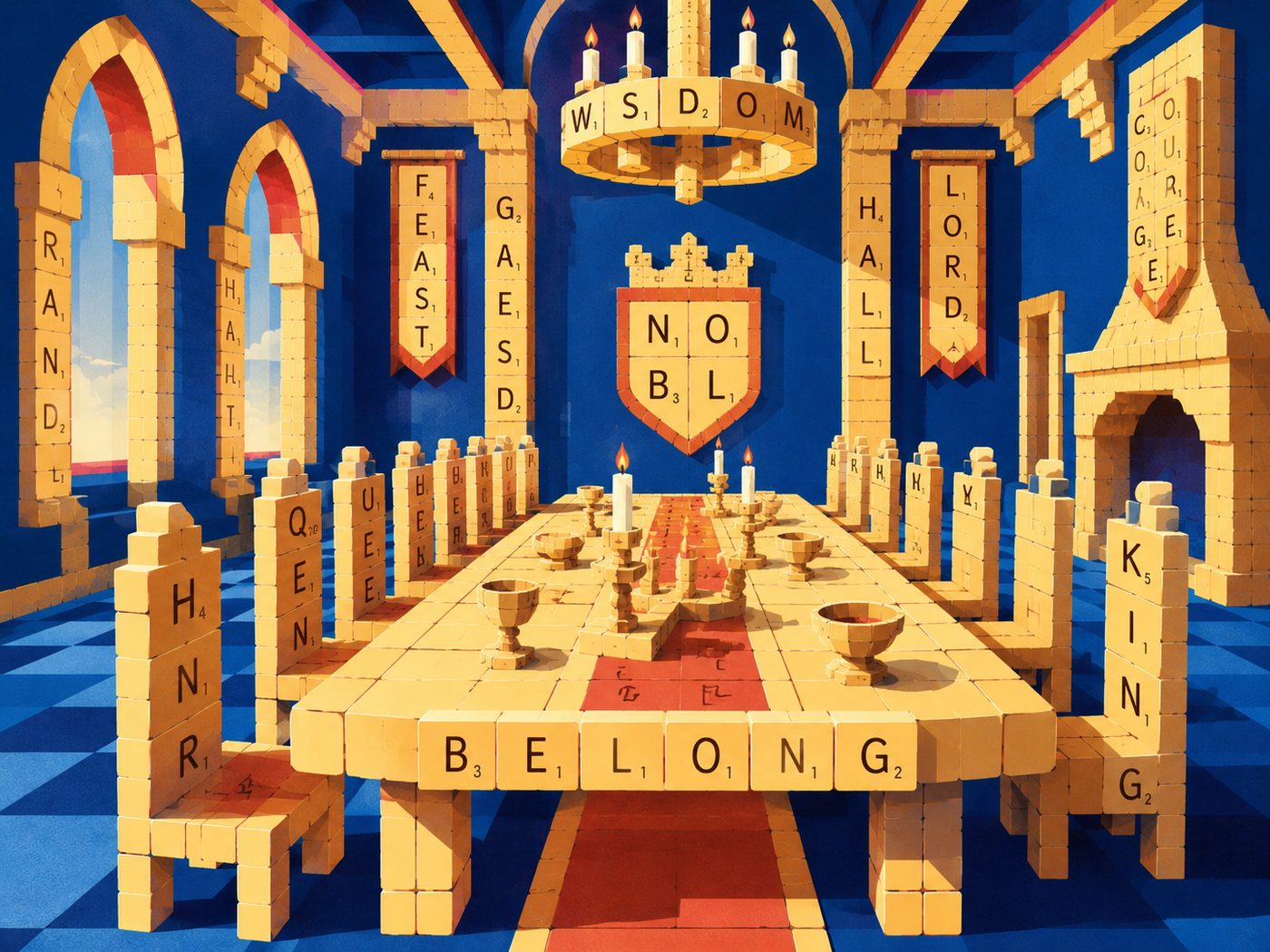 Salle de banquet illustrée en tuiles de Scrabble